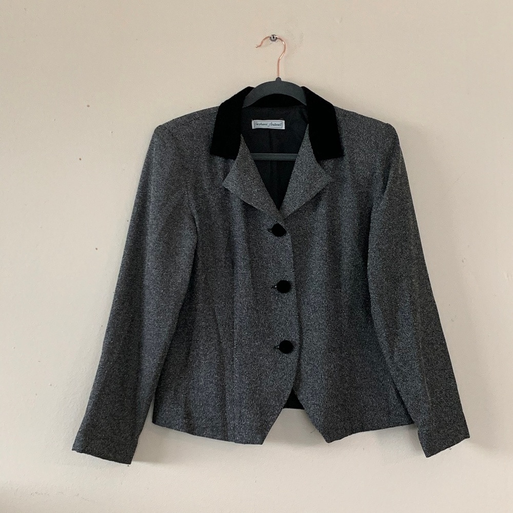 Tweed Blazer with Black Velvet Collar and Buttons